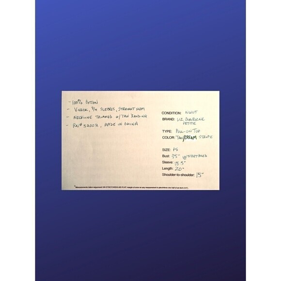 LIZ CLAIBORNE 100% Cotton Top, 3/4 Sleeve, TAN/CREAM STRIPE, Size PS, NWOT - Picture 8 of 8